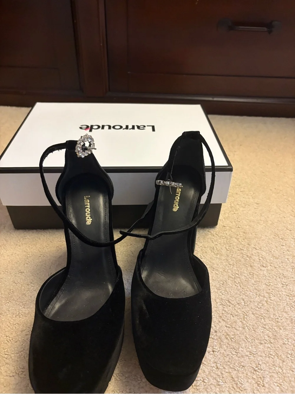 Larroude Black Velvet Platform Ankle-Strap Heels with Crystal Buckle